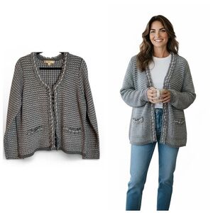 Motto Gray Textured Knit Pearl Trim Cardigan Sweater